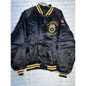 Vtg Teamsters Black Satin Embroidered Jacket XL Made In US Local 738 Chicago, IL